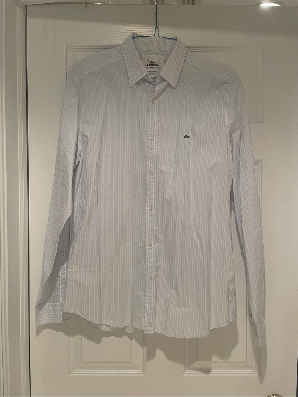 Lacoste Men’s White and Light Blue Striped Dress Shirt